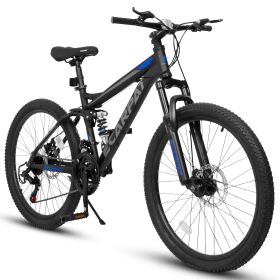 A2460 24 Inch Mountain Bike With Full Suspension, 21 Speed Shifter Lever With Gear Indicator, High Carbon Steel Frame, Mechanical Disc Brakes, Un (Option: Black)