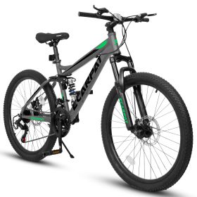 A2460 24 Inch Mountain Bike With Full Suspension, 21 Speed Shifter Lever With Gear Indicator, High Carbon Steel Frame, Mechanical Disc Brakes, Un (Option: Gray)