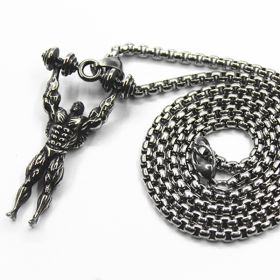 Men's Fitness Dumbbell Muscle Male Pendant Titanium Steel (Color: Silver, style: With 70CM interlocking chain)