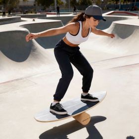 Wooden Balancing Board with Cork Roller and Storage Rack to Exercise (Color: Black)